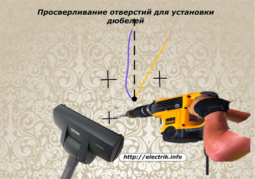 Просверливание отверстий для установки дюбелей