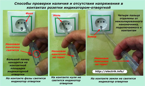 Способы проверки наличия и отсутствия напряжения индикаторной отверткой 