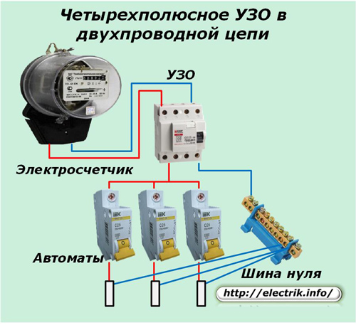 Четырехполюсное УЗО в двухпроводной цепи