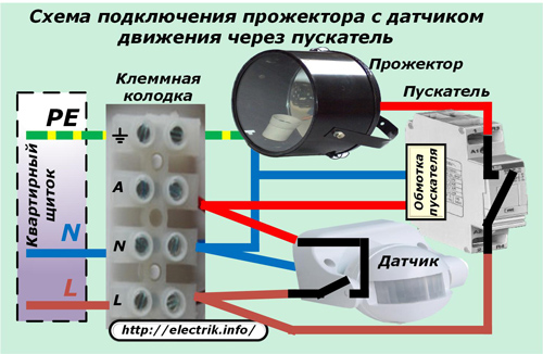 Схема подключения датчика движения через пускатель