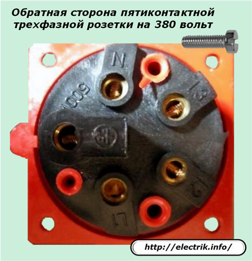 Обратная сторона пятиконтактной трехфазной розетки на 380 вольт
