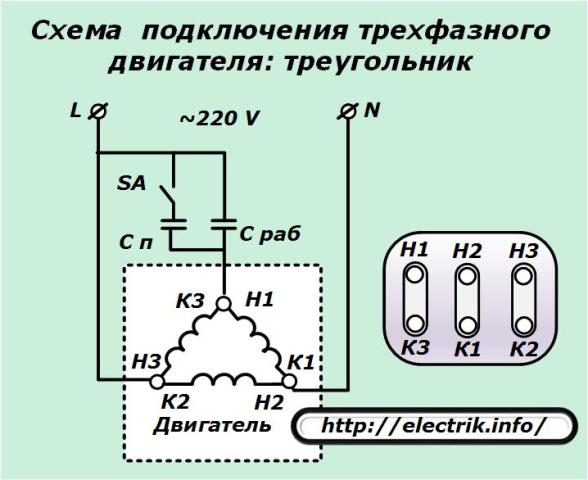 Схема подключения трехфазного двигателя треугольник