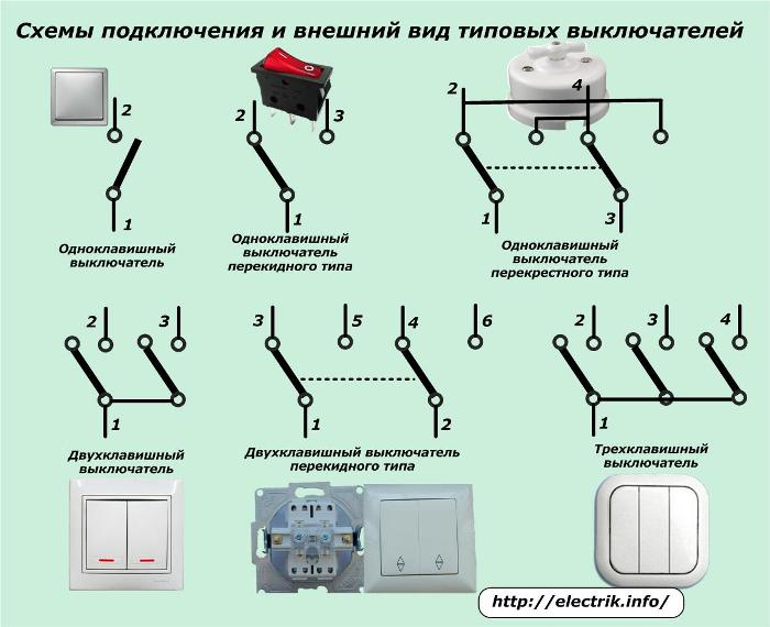 Схемы подключения и внешний вид типовых выключателей